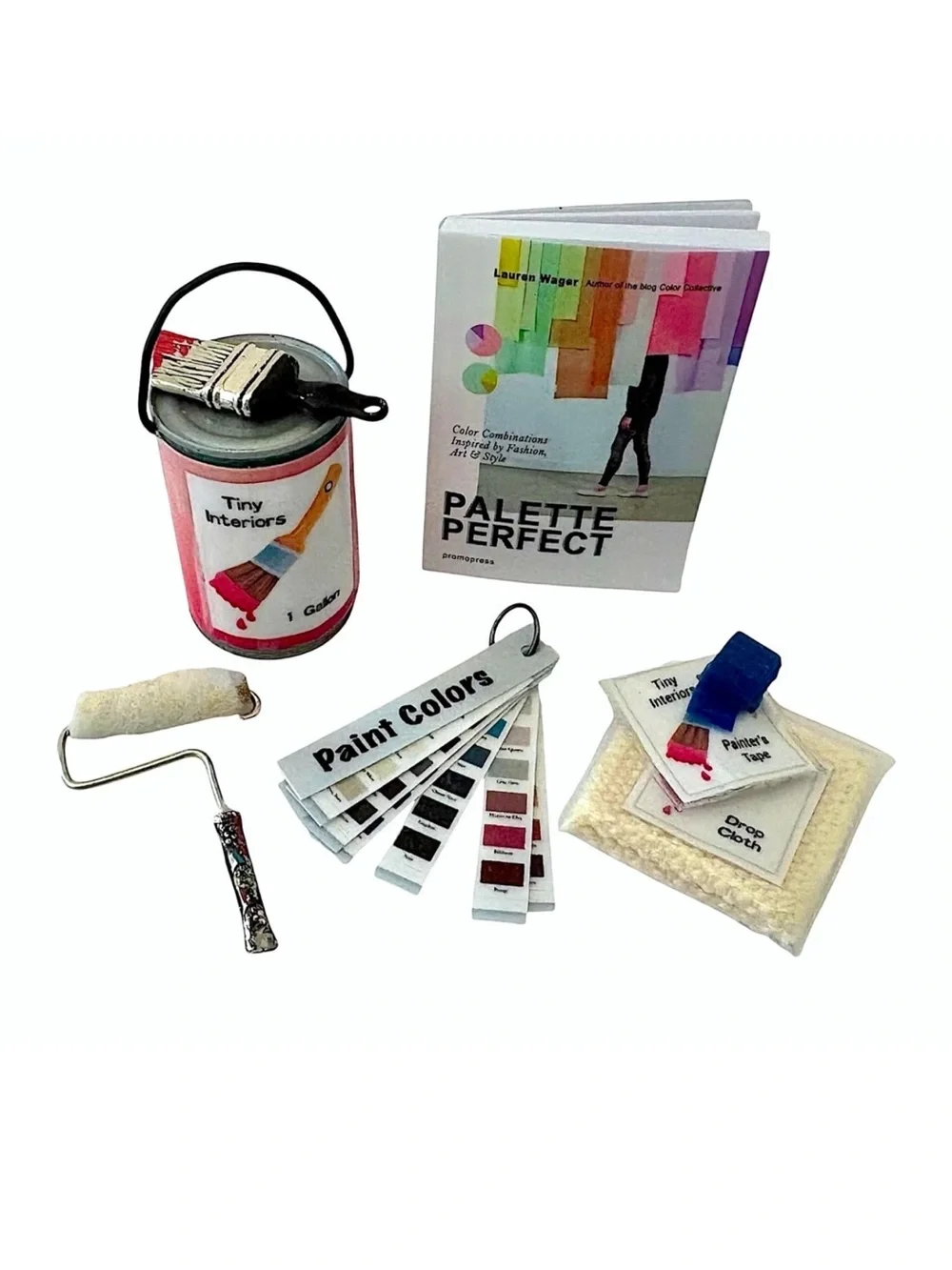 Dollhouse Miniature Paint Can Set w/ Roller Brush & Sample Colors Fashion Doll
